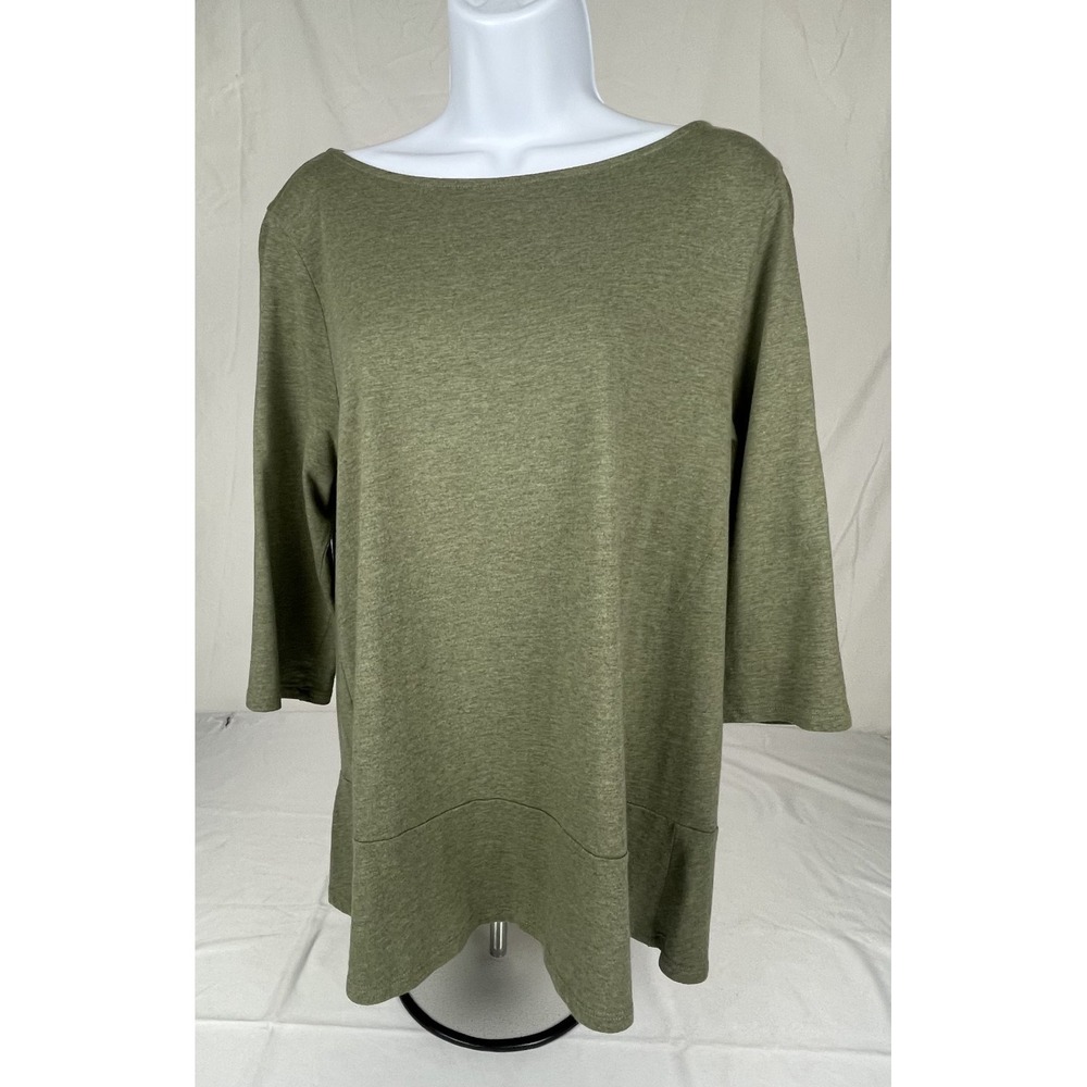 PURE JILL WOMENS MEDIUM OLIVE GREEN TUNIC TOP BOAT NECK 3/4 SLEEVE FLOWY HEM